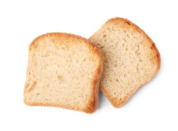 Photo of Two pieces of fresh toast bread isolated on white, top view