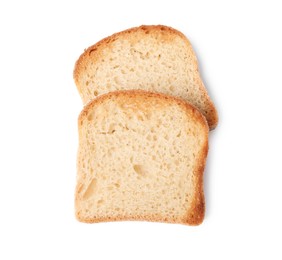 Photo of Two pieces of fresh toast bread isolated on white, top view