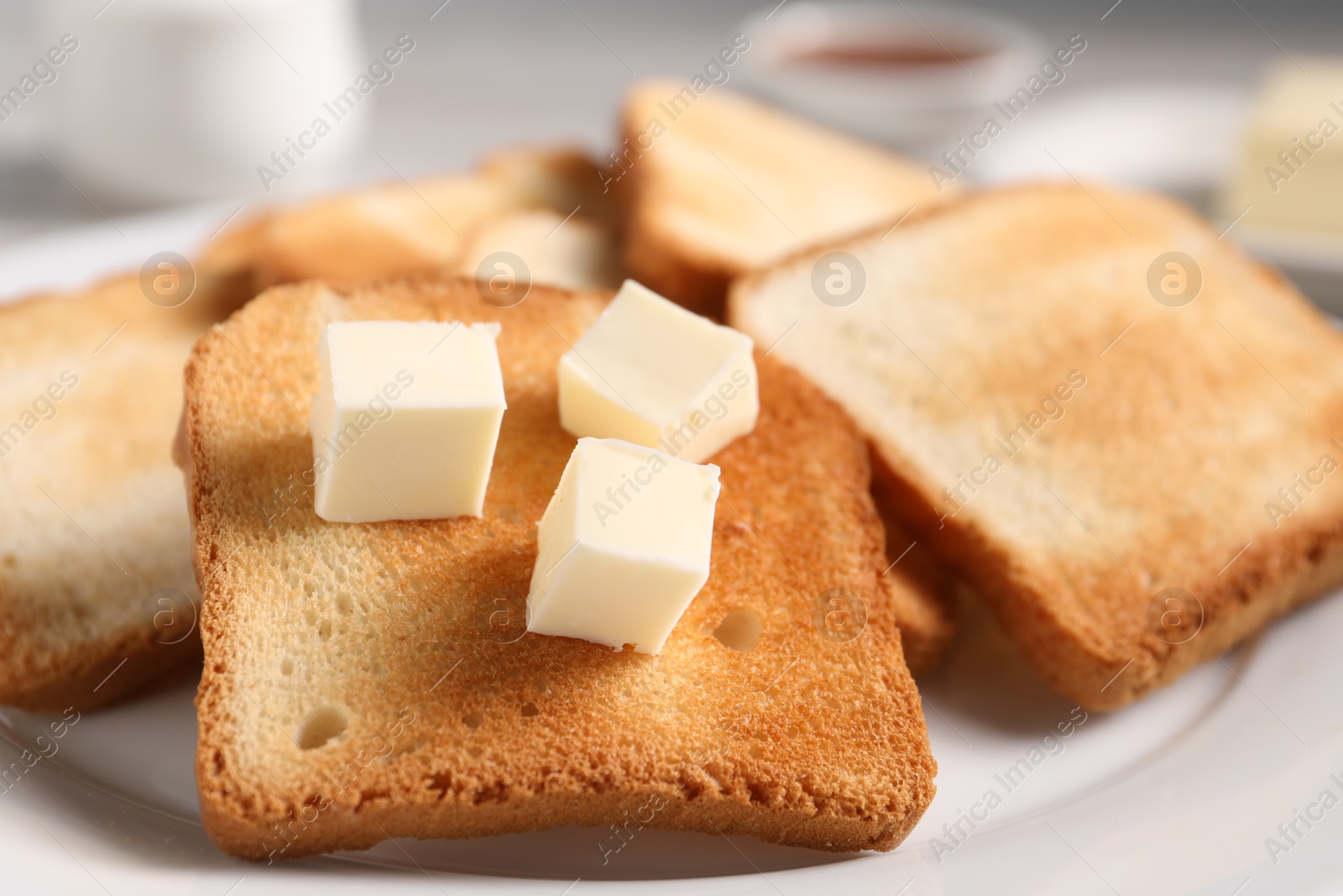Slices of tasty toasted bread with butter on plate, closeup Photo of Slices of tasty toasted bread with butter on plate, closeup