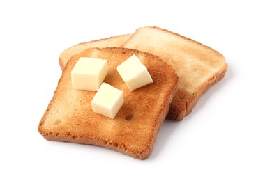 Photo of Slices of tasty toasted bread with butter isolated on white