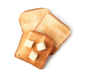 Photo of Slices of tasty toasted bread with butter isolated on white, top view