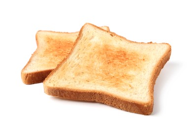 Photo of Slices of tasty toasted bread isolated on white