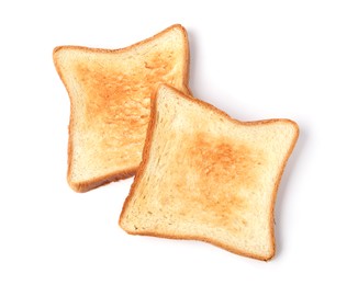 Photo of Slices of tasty toasted bread isolated on white, top view