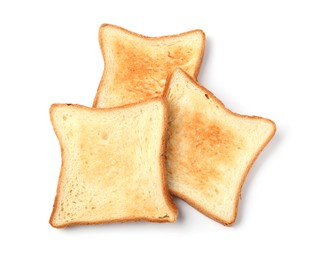 Photo of Slices of tasty toasted bread isolated on white, top view