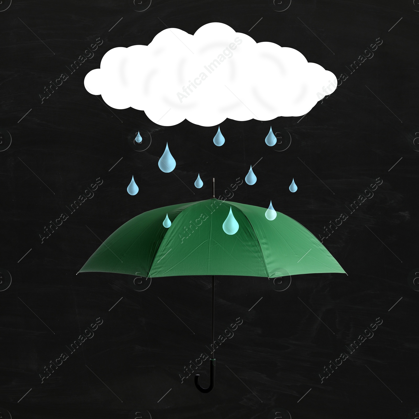 Green umbrella protecting from rain. Illustration of cloud and drops on black background Image of Green umbrella protecting from rain. Illustration of cloud and drops on black background