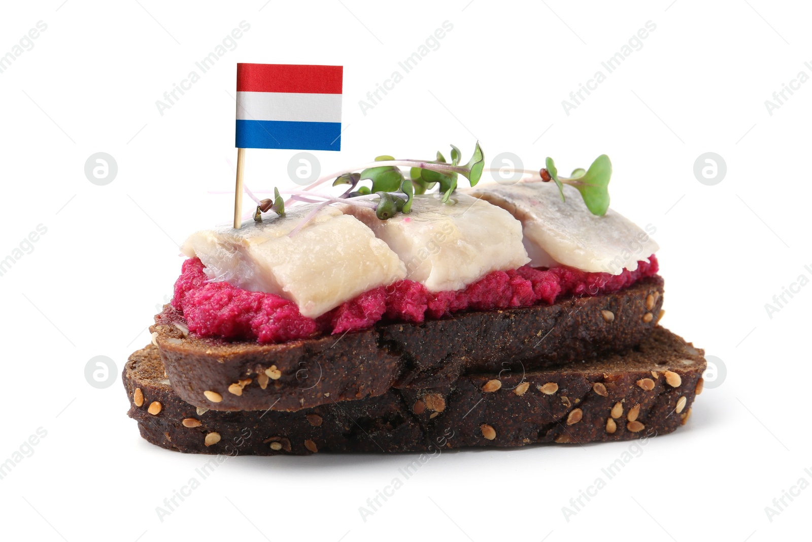 Tasty sandwich with herring and flag of Netherlands on white background Image of Tasty sandwich with herring and flag of Netherlands on white background