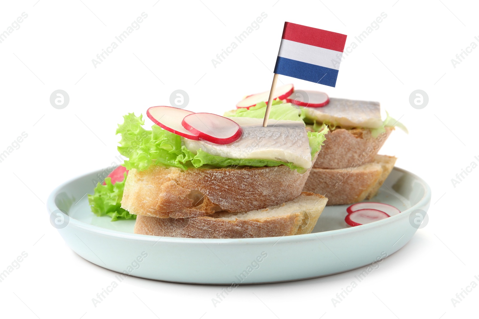 Tasty sandwiches with herring and flag of Netherlands on white background Image of Tasty sandwiches with herring and flag of Netherlands on white background