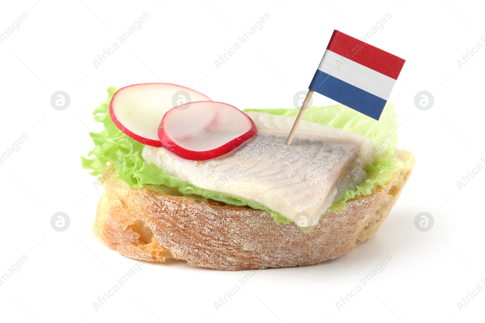 Tasty sandwich with herring and flag of Netherlands on white background Image of Tasty sandwich with herring and flag of Netherlands on white background