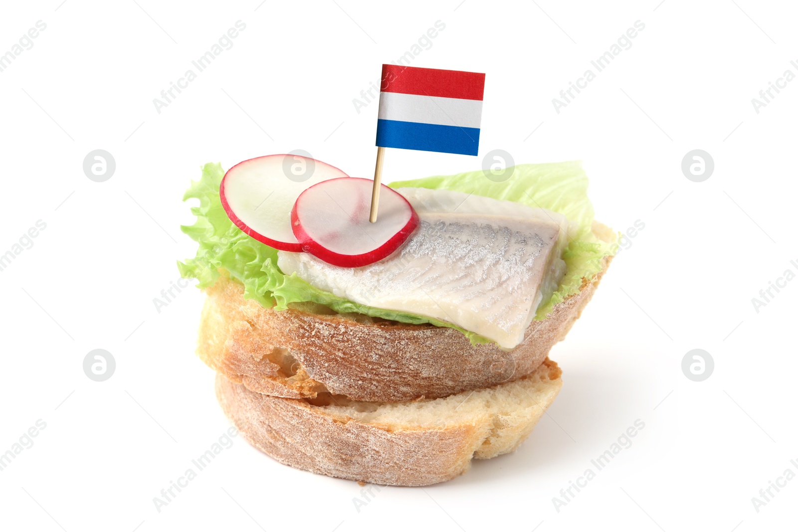 Tasty sandwich with herring and flag of Netherlands on white background Image of Tasty sandwich with herring and flag of Netherlands on white background