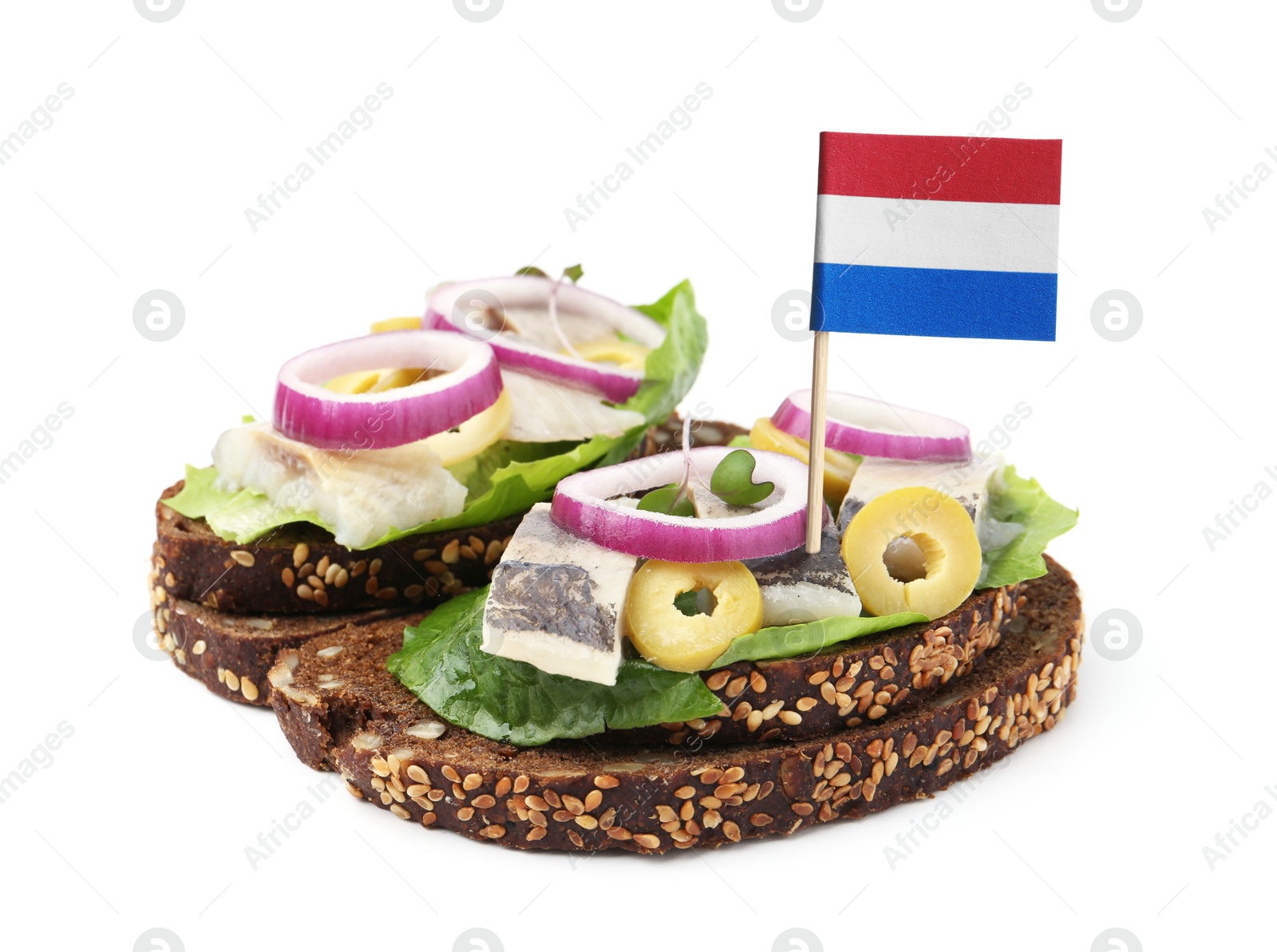 Tasty sandwiches with herring and flag of Netherlands on white background Image of Tasty sandwiches with herring and flag of Netherlands on white background