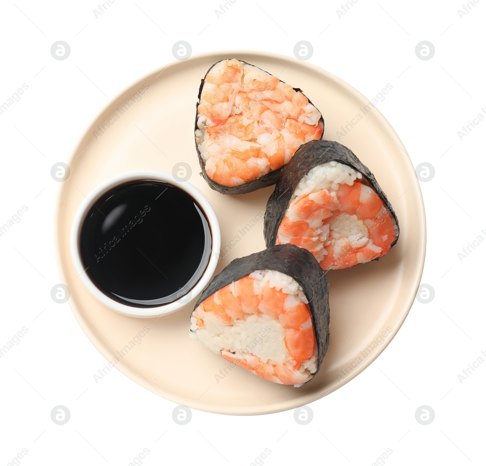 Tasty onigiri (Japanese rice balls) with shrimps and soy sauce on white background, top view Photo of Tasty onigiri (Japanese rice balls) with shrimps and soy sauce on white background, top view
