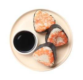 Photo of Tasty onigiri (Japanese rice balls) with shrimps and soy sauce on white background, top view