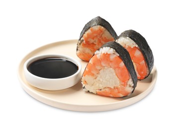 Photo of Tasty onigiri (Japanese rice balls) with shrimps and soy sauce on white background
