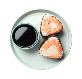 Photo of Tasty onigiri (Japanese rice balls) with shrimps and soy sauce on white background, top view