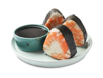 Photo of Tasty onigiri (Japanese rice balls) with shrimps and soy sauce on white background
