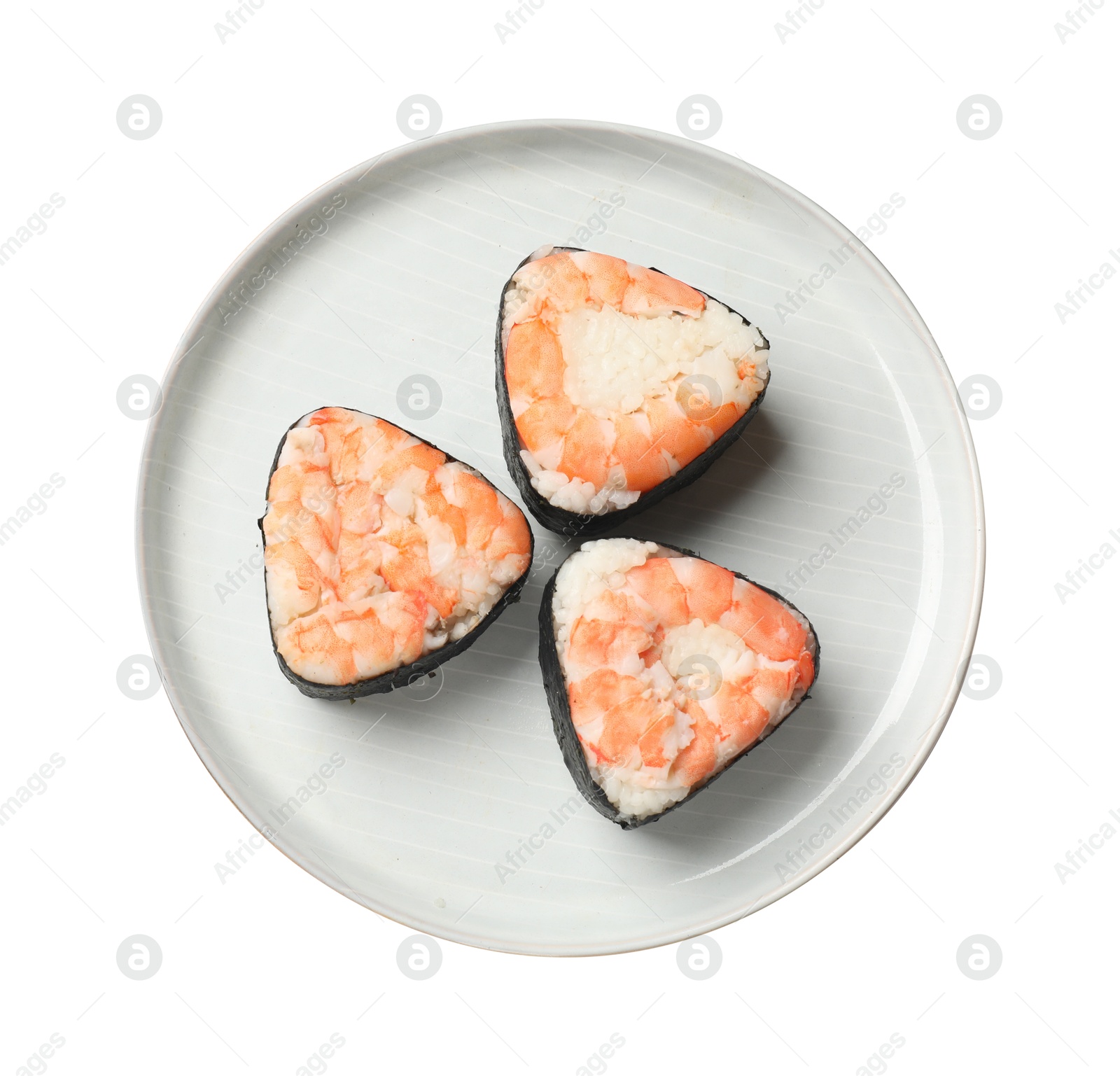 Tasty onigiri (Japanese rice balls) with shrimps on white background, top view Photo of Tasty onigiri (Japanese rice balls) with shrimps on white background, top view