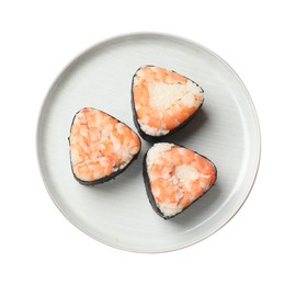 Photo of Tasty onigiri (Japanese rice balls) with shrimps on white background, top view