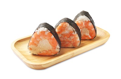 Photo of Tasty onigiri (Japanese rice balls) with shrimps on white background