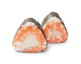 Photo of Tasty onigiri (Japanese rice balls) with shrimps on white background