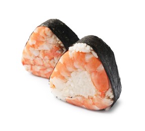 Photo of Tasty onigiri (Japanese rice balls) with shrimps on white background