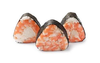 Photo of Tasty onigiri (Japanese rice balls) with shrimps on white background