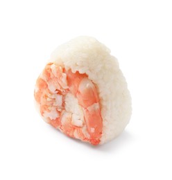 Photo of Tasty onigiri (Japanese rice ball) with shrimp on white background