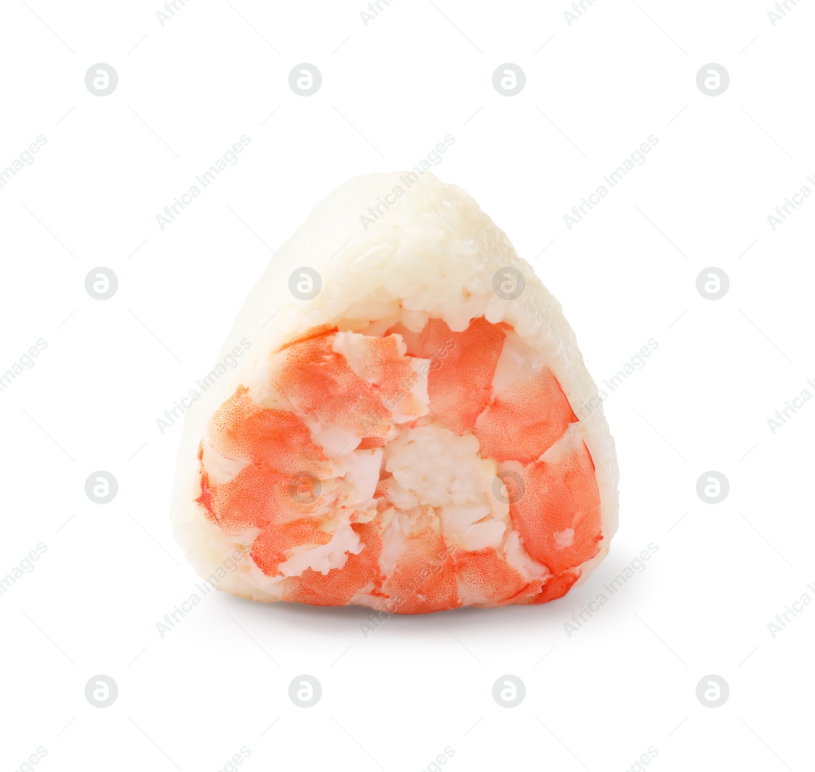 Tasty onigiri (Japanese rice ball) with shrimp on white background Photo of Tasty onigiri (Japanese rice ball) with shrimp on white background