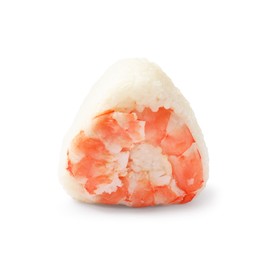 Photo of Tasty onigiri (Japanese rice ball) with shrimp on white background