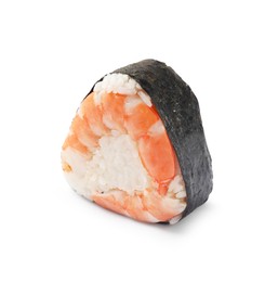 Photo of Tasty onigiri (Japanese rice ball) with shrimp on white background
