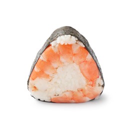 Photo of Tasty onigiri (Japanese rice ball) with shrimp on white background