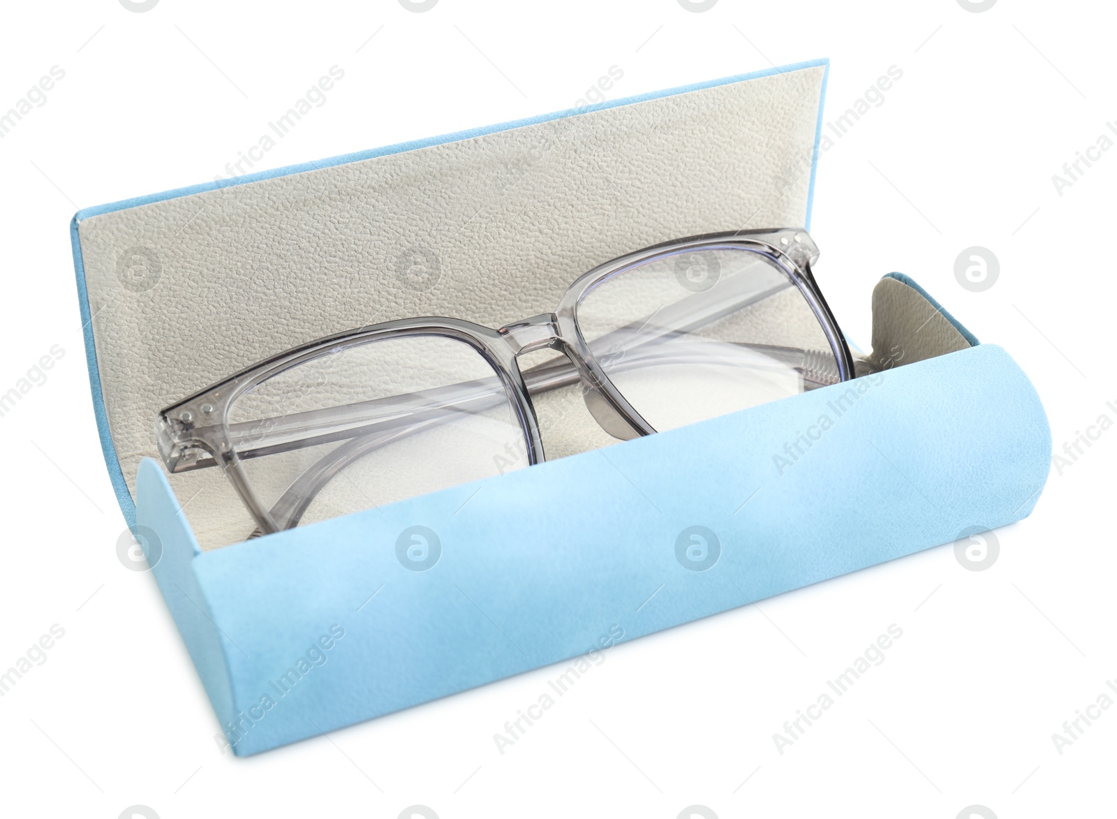 Stylish glasses in case isolated on white Photo of Stylish glasses in case isolated on white