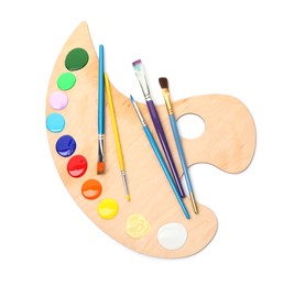 Photo of Wooden palette with paints and brushes isolated on white, top view