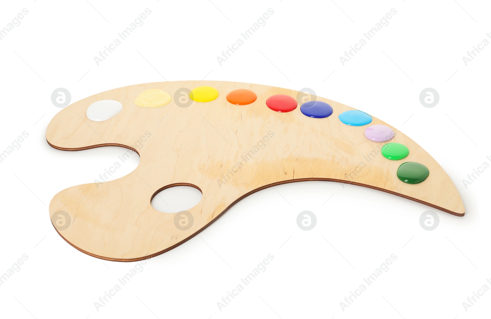Photo of Wooden palette with paints isolated on white