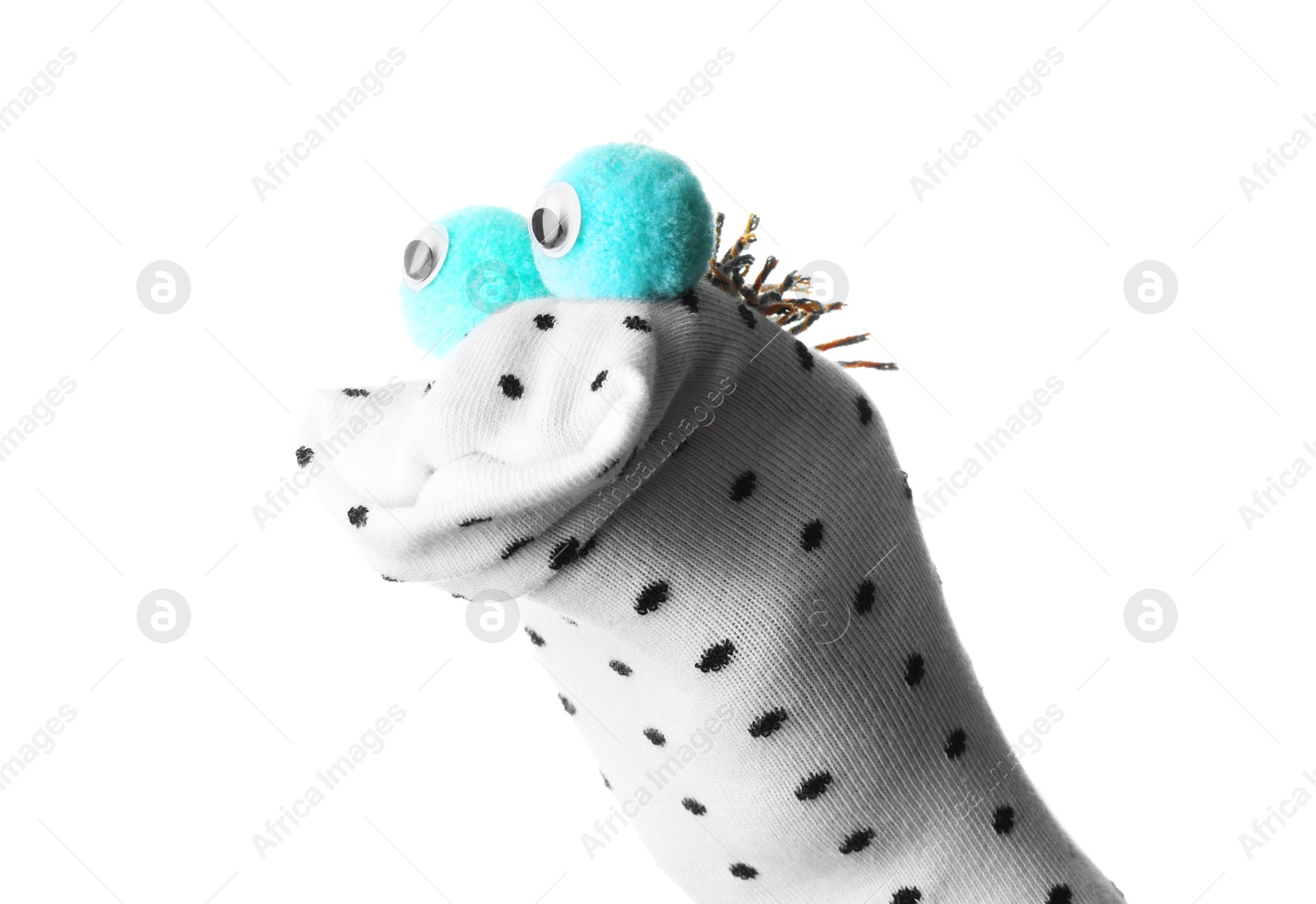 Cute funny sock puppet isolated on white Photo of Cute funny sock puppet isolated on white