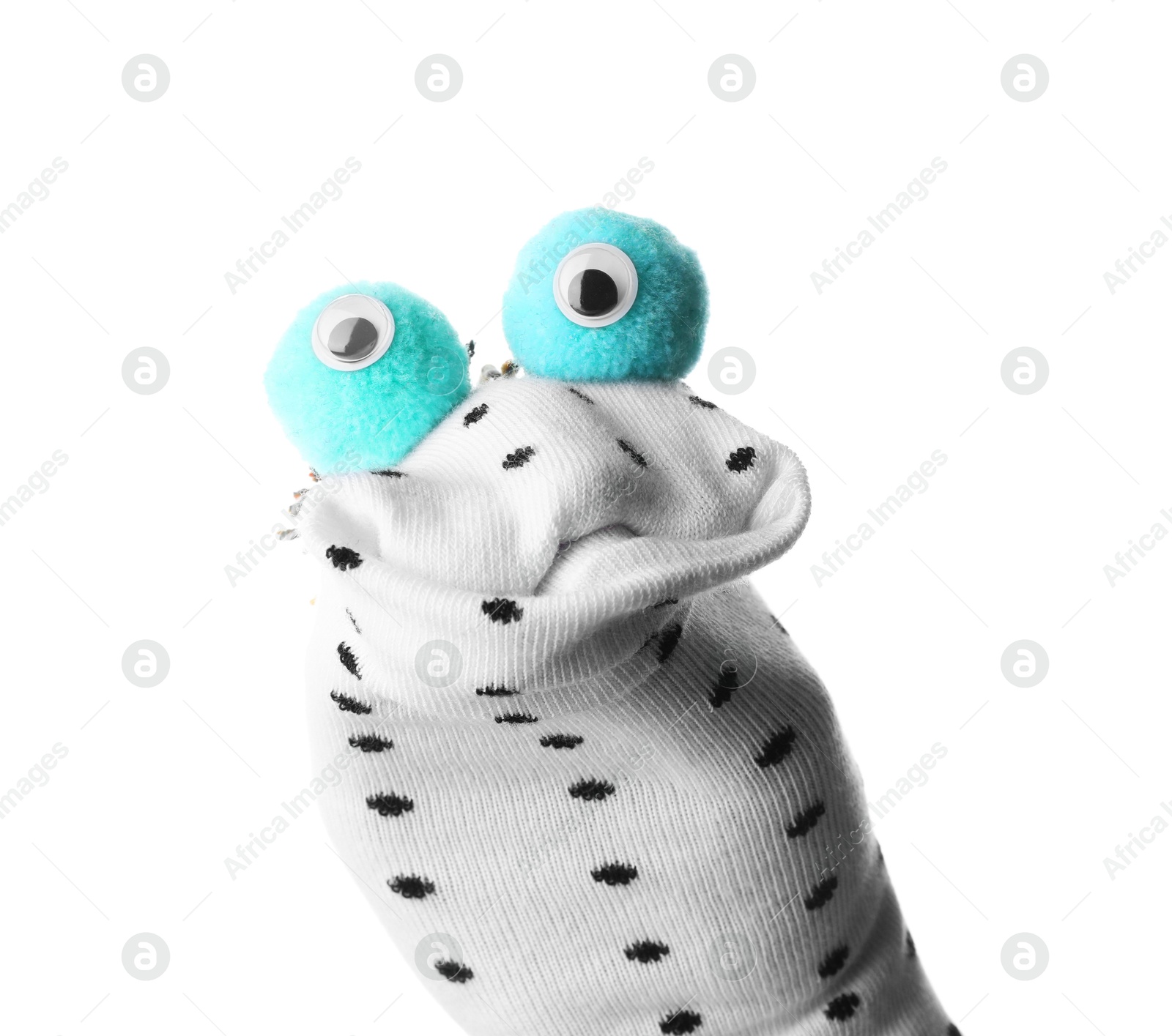 Cute funny sock puppet isolated on white Photo of Cute funny sock puppet isolated on white