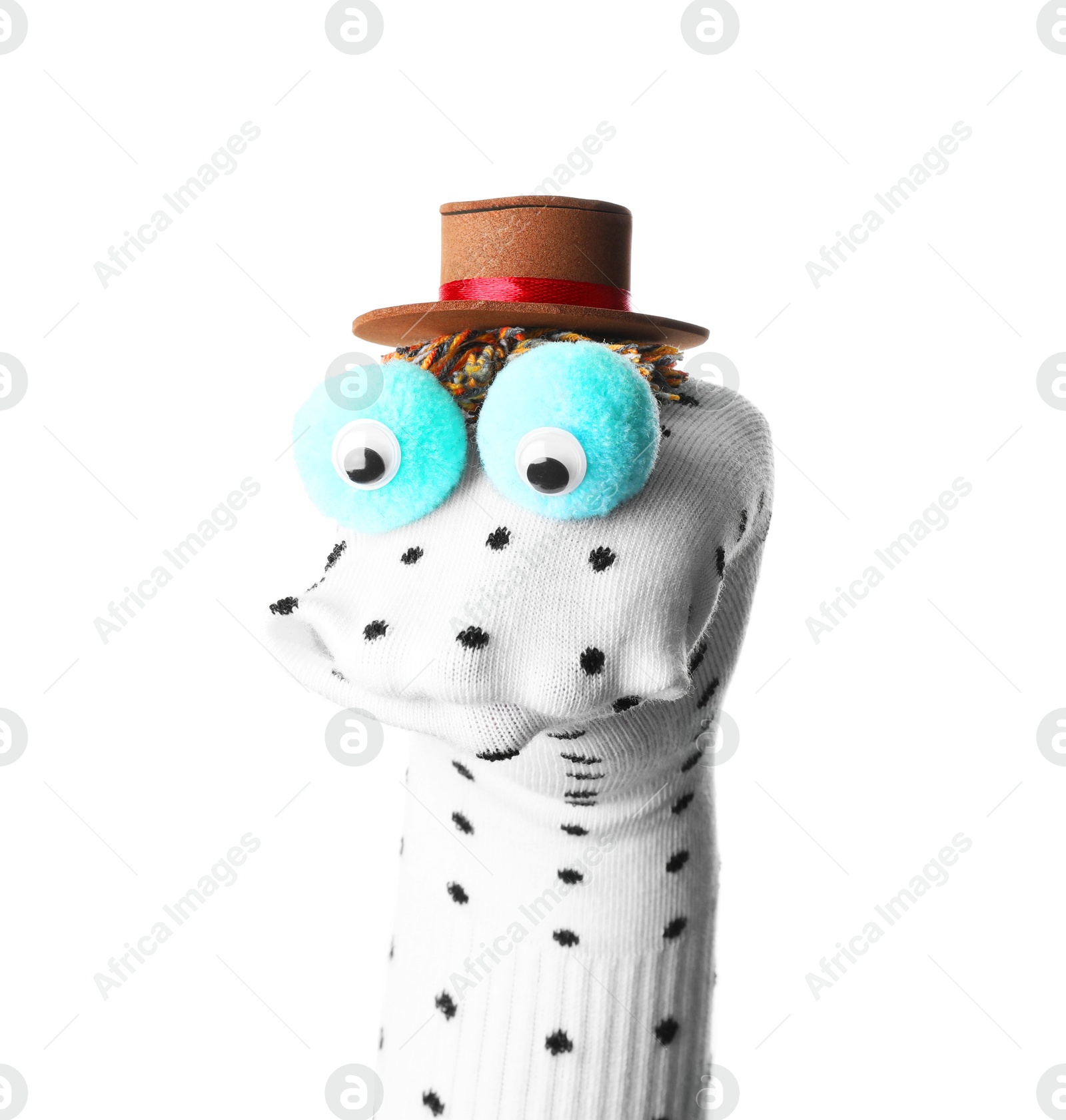 Funny sock puppet with hat isolated on white Photo of Funny sock puppet with hat isolated on white