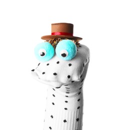 Photo of Funny sock puppet with hat isolated on white