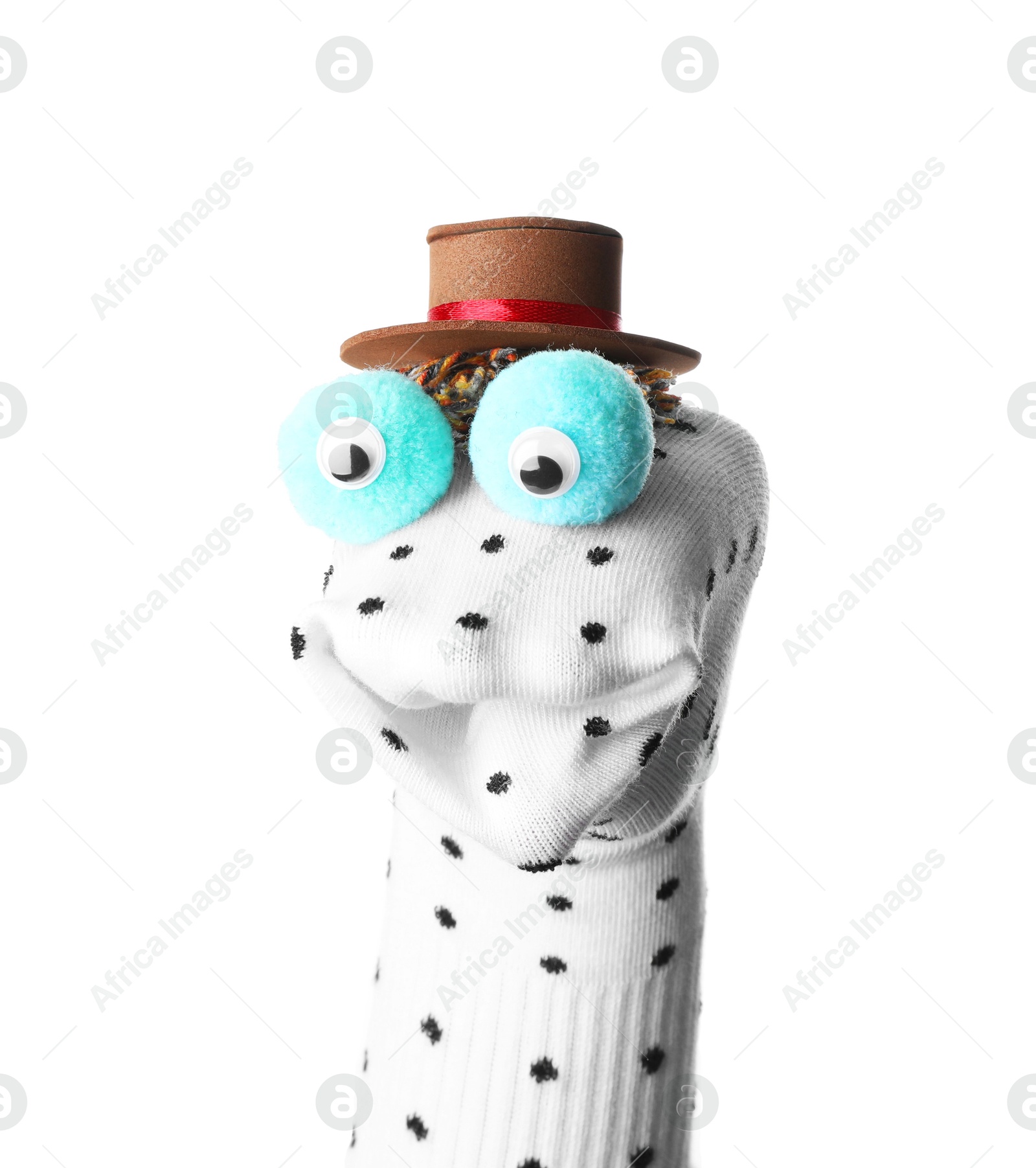 Funny sock puppet with hat isolated on white Photo of Funny sock puppet with hat isolated on white