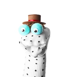 Photo of Funny sock puppet with hat isolated on white