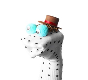 Photo of Funny sock puppet with hat isolated on white
