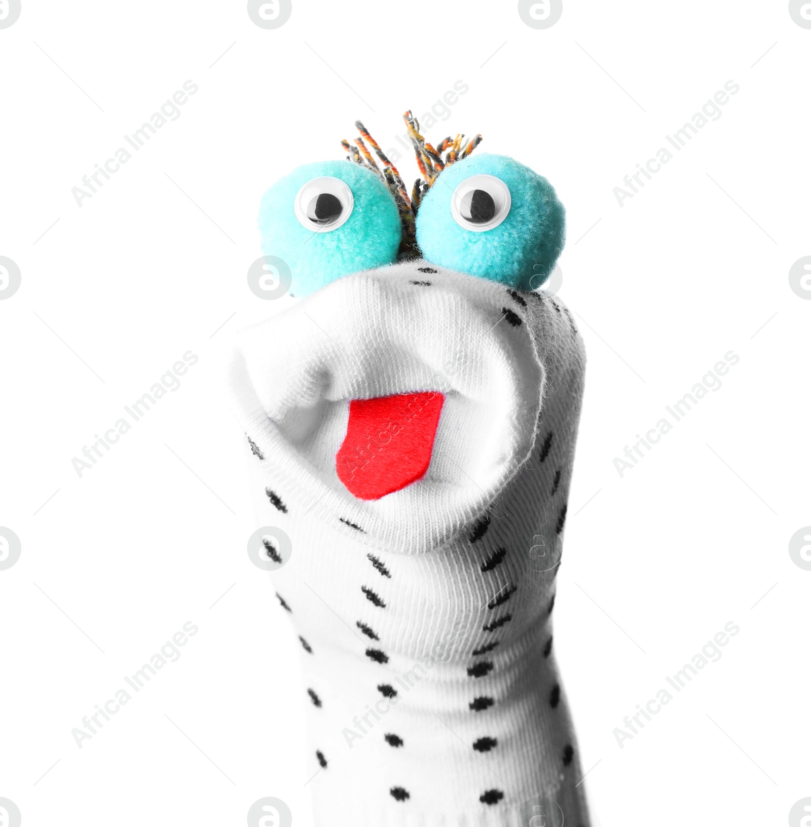 Funny sock puppet with tongue isolated on white Photo of Funny sock puppet with tongue isolated on white
