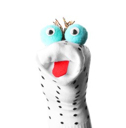 Photo of Funny sock puppet with tongue isolated on white