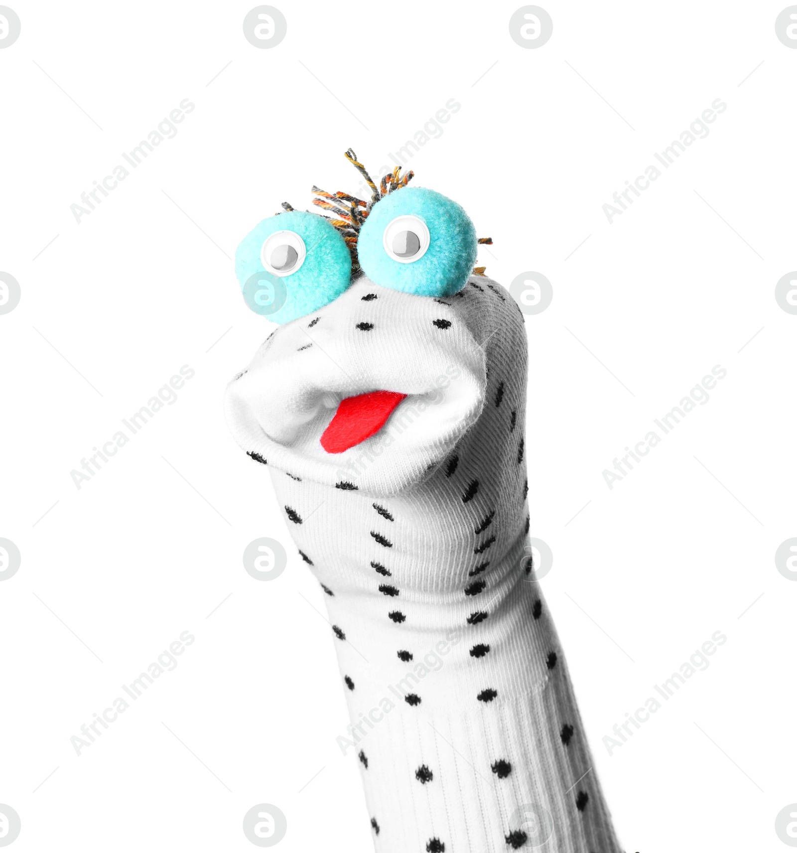 Funny sock puppet with tongue isolated on white Photo of Funny sock puppet with tongue isolated on white