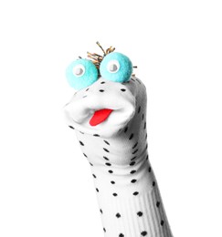 Photo of Funny sock puppet with tongue isolated on white