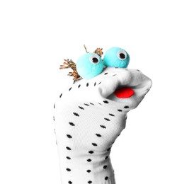 Photo of Funny sock puppet with tongue isolated on white