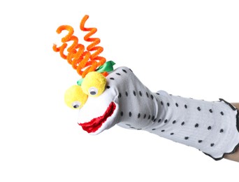 Photo of Cute sock puppet for show on hand against white background
