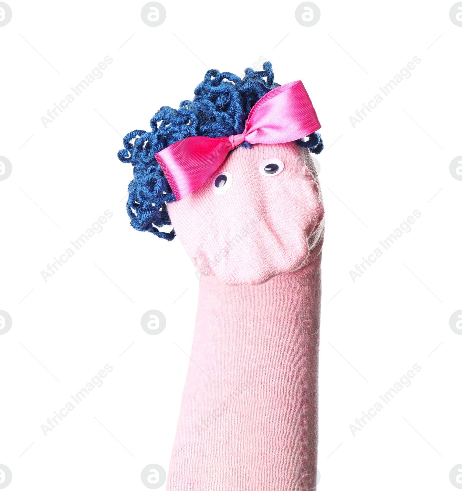 Cute sock puppet for show on hand against white background Photo of Cute sock puppet for show on hand against white background