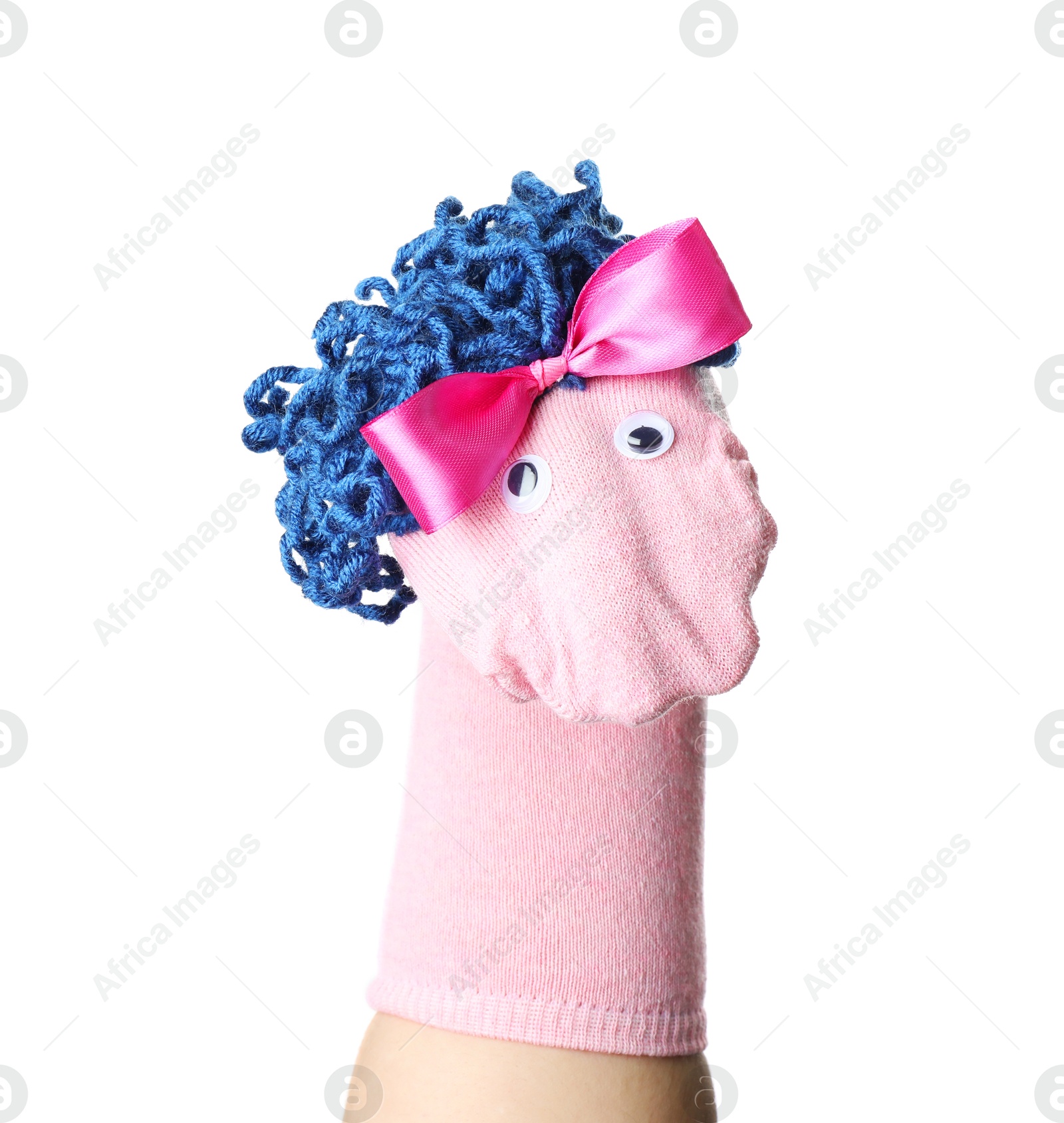 Cute sock puppet for show on hand against white background Photo of Cute sock puppet for show on hand against white background
