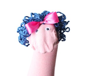 Photo of Funny sock puppet with hair isolated on white