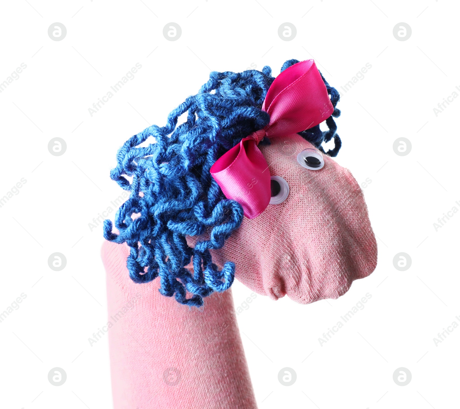 Funny sock puppet with hair isolated on white Photo of Funny sock puppet with hair isolated on white